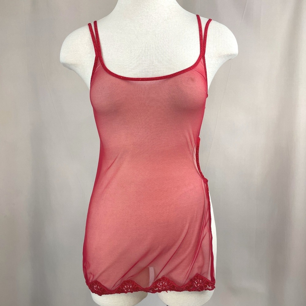 Vintage Y2K VICTORIA'S SECRET Sheer Red Mesh Chemise (S) Stretch Beaded Vamp